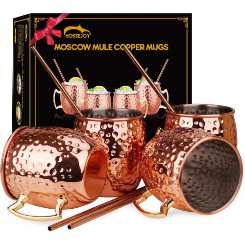  [아마존베스트]Hossejoy Set of 4 Copper Hammered Moscow Mule Mugs Drinking Cup with 4 Copper Straws, Great Dining Entertaining Bar Gift Set