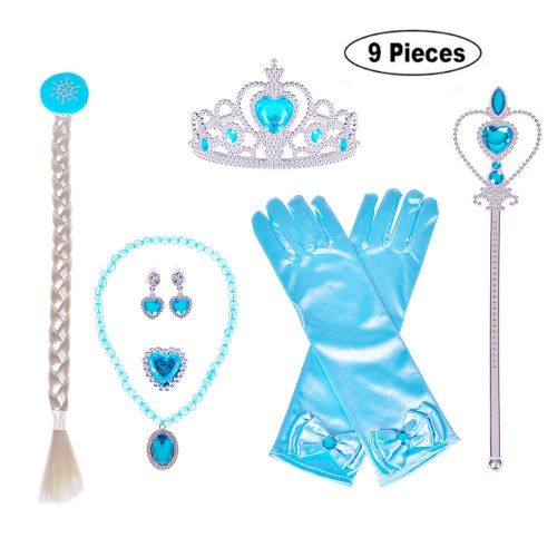  Hot Bear 9pcs Princess Dress up Accessories Gift Set for Elsa Crown Scepter Necklace Earrings Wig Ring Gloves, Blue