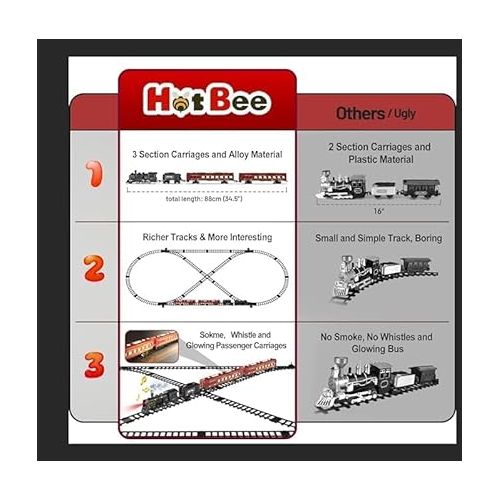  Hot Bee Train Set, Train Toys w/Luxury Tracks, Metal Toy Train - Glowing Passenger Cars, Electric Trains w/Smoke, Sound & Light, Toddler Model Train Set for 3 4 5 6 7+ Years Old Boys Birthday Gifts