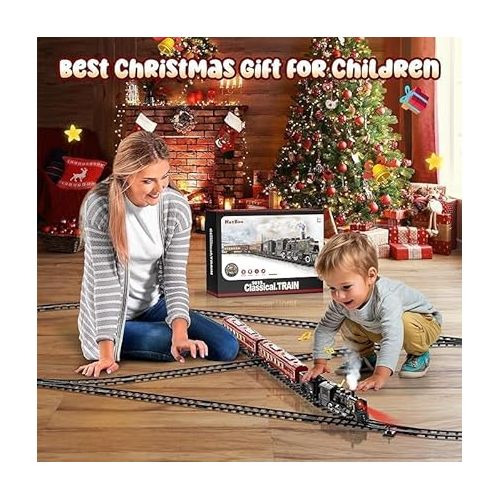  Hot Bee Train Set, Train Toys w/Luxury Tracks, Metal Toy Train - Glowing Passenger Cars, Electric Trains w/Smoke, Sound & Light, Toddler Model Train Set for 3 4 5 6 7+ Years Old Boys Birthday Gifts