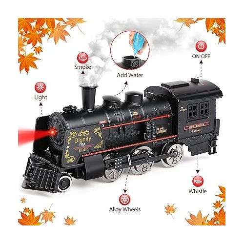  Hot Bee Train Set for Boys, Metal Alloy Electric Trains w/Steam Locomotive, Cargo Cars & Tracks, Train Toys w/Smoke, Sounds & Lights, Christmas Toys Gifts for 3 4 5 6 7 8+ Years Old Kids