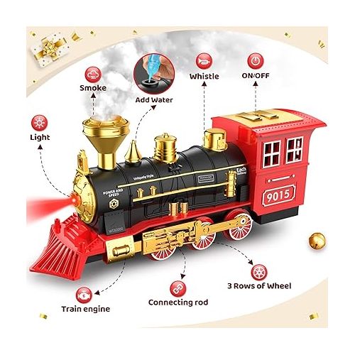  Hot Bee Train Set - Train Toys for Boys w/Smokes, Lights & Sound, Toy Train w/Steam Locomotive, Train Carriages & Tracks, Toddler Model Trains for 3 4 5 6 7 8+ Years Old Kids Birthday Gifts