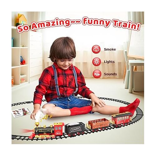  Hot Bee Train Set - Train Toys for Boys w/Smokes, Lights & Sound, Toy Train w/Steam Locomotive, Train Carriages & Tracks, Toddler Model Trains for 3 4 5 6 7 8+ Years Old Kids Birthday Gifts