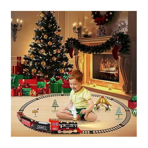  Hot Bee Train Set - Train Toys for Boys w/Smokes, Lights & Sound, Toy Train w/Steam Locomotive, Train Carriages & Tracks, Toddler Model Trains for 3 4 5 6 7 8+ Years Old Kids Birthday Gifts