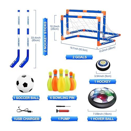  Hover Soccer Ball for Kids, 4-in-1 Hover Hockey Bowling Set, Indoor and Outdoor Sports Toys for Kids Ages 3 4 5 6 7 8-12 - Rechargeable LED Soccer Games Toys for 3-12 Year Old Boys