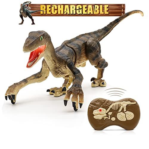  [아마존베스트]Hot Bee Remote Control Dinosaur Toys, Big Walking Dinosaur Robot w/ Led Light & Roaring 2.4Ghz Simulation RC Velociraptor Toys Gifts for Kids & Boys 5-7