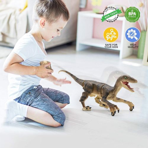  [아마존베스트]Hot Bee Remote Control Dinosaur Toys, Big Walking Dinosaur Robot w/ Led Light & Roaring 2.4Ghz Simulation RC Velociraptor Toys Gifts for Kids & Boys 5-7