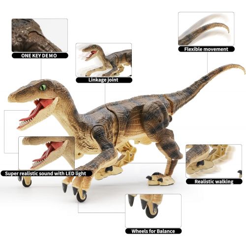  [아마존베스트]Hot Bee Remote Control Dinosaur Toys, Big Walking Dinosaur Robot w/ Led Light & Roaring 2.4Ghz Simulation RC Velociraptor Toys Gifts for Kids & Boys 5-7