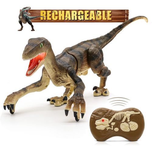  [아마존베스트]Hot Bee Remote Control Dinosaur Toys, Big Walking Dinosaur Robot w/ Led Light & Roaring 2.4Ghz Simulation RC Velociraptor Toys Gifts for Kids & Boys 5-7