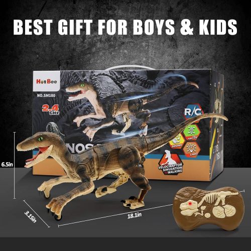  [아마존베스트]Hot Bee Remote Control Dinosaur Toys, Big Walking Dinosaur Robot w/ Led Light & Roaring 2.4Ghz Simulation RC Velociraptor Toys Gifts for Kids & Boys 5-7