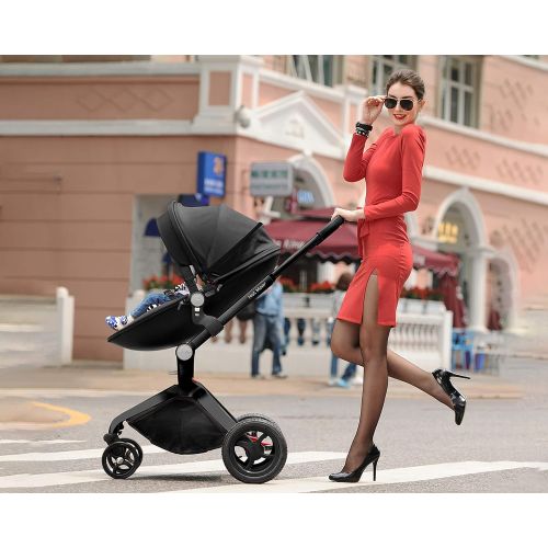  Hot Mom Baby Stroller: Baby Carriage with Adjustable Seat Height Angle and Four-Wheel Shock Absorption,Reversible，High Landscape and Fashional Pram (Black)