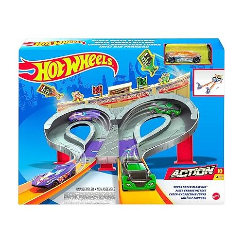  Hot Wheels Toy Car Track Set Super Speed Blastway, Dual-Track Racing for 1 or 2 Players, 1:64 Scale Car