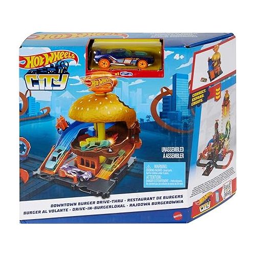  Hot Wheels Toy Car Track Set City Burger Drive-Thru Playset & 1:64 Scale Car, Connects to Other Sets & Tracks