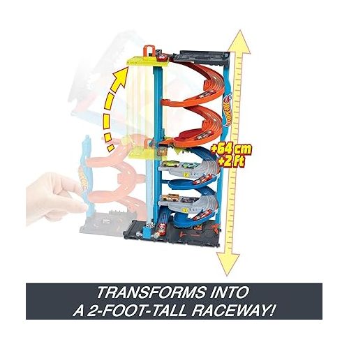  Hot Wheels City Toy Car Track Set, Transforming Race Tower, Single to Dual-Mode Racing, with 1:64 Scale Vehicle, 2 Ways to Race