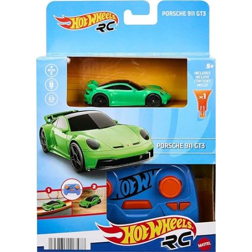  Hot Wheels 1:64 Scale RC Toy Car, Remote-Control Porsche 911 for On & Off Track Racing with USB Cable for Recharging