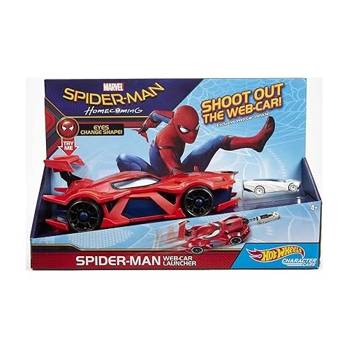  Hot Wheels Marvel Spider-Man Web-Car Launcher with Movement-Activated Eyes & 1:64 Scale Toy Character Car