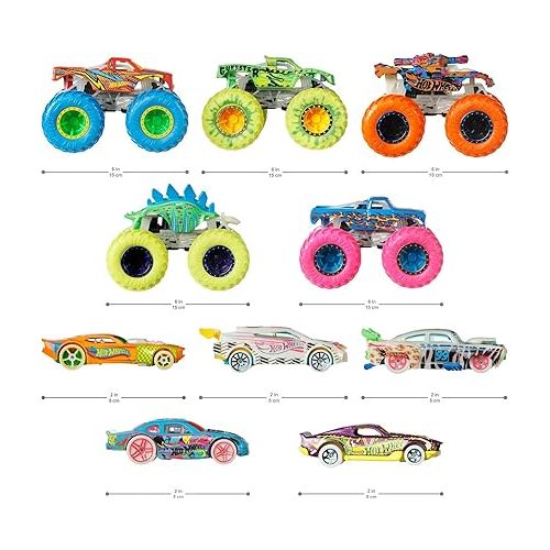  Hot Wheels Toy Monster Trucks 10-Pack, Set of 5 Glow in The Dark 1:64 Scale Trucks & 5 GITD 1:64 Scale Cars, Play Vehicles for Kids & Collectors