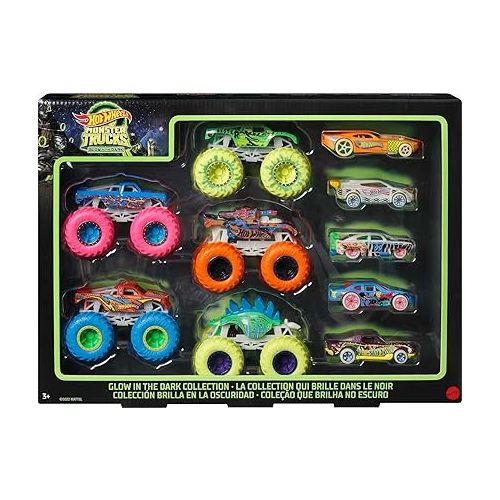  Hot Wheels Monster Trucks Glow in The Dark Multipack with 10 Toy Vehicles: 5 Monster Trucks & 5 1:64 Scale Cars, Collectible Toy for Kids Ages 4 to 8 Years Old, Medium