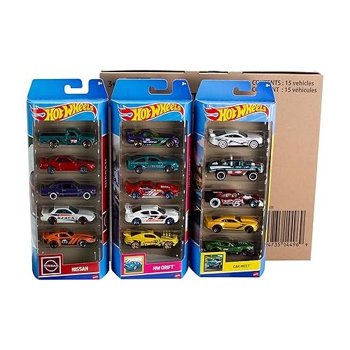  Hot Wheels Toy Cars or Trucks 5-Pack Bundle, 3-Themed Sets of 5 1:64 Scale Die-Cast Vehicles for Kids & Collectors, 15 Total (Styles May Vary)