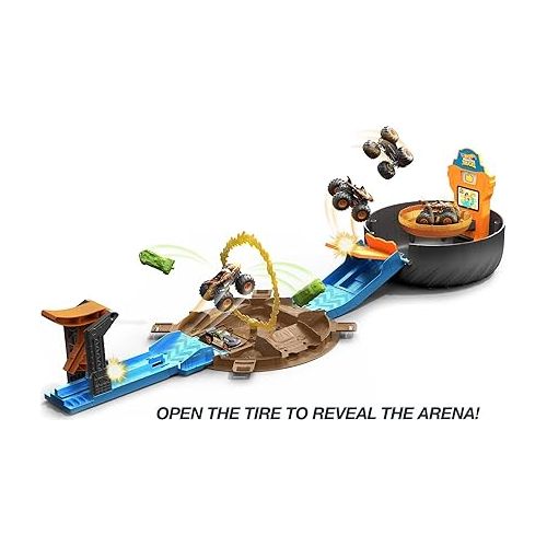  Hot Wheels Monster Trucks Stunt Tire Playset with 3 Toy Monster Trucks & 4 Hot Wheels Toy Cars in 1:64 Scale (Amazon Exclusive)