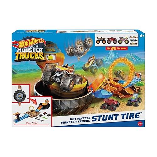  Hot Wheels Toy Monster Trucks Playset, Tire-Shaped Case Transforms into Race Course, 3 Trucks & 4 Cars in 1:64 Scale, Stunt Tire (Amazon Exclusive)