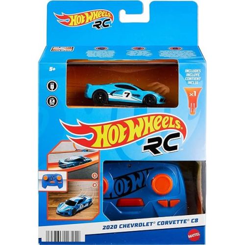  Hot Wheels Toy Car, RC C8 Corvette in 1:64 Scale, Remote-Control Toy Vehicle with Controller & USB Cable, Works On & Off Track