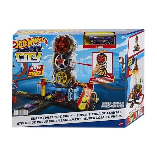  Hot Wheels Toy Car Track Set City Super Twist Tire Shop with 1:64 Scale Car, Single or Multi-Car Play