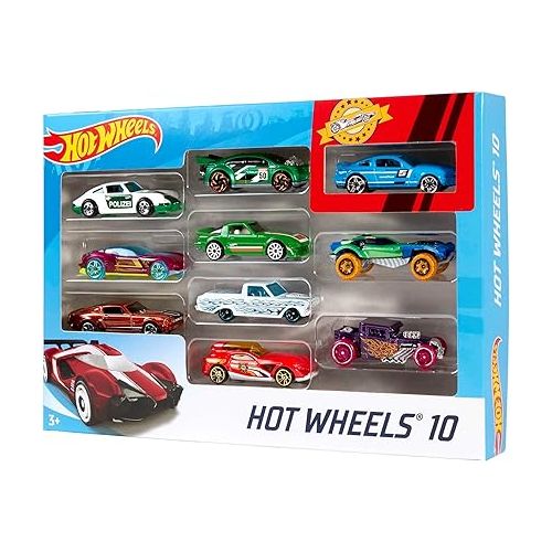  Hot Wheels Set of 10 Toy Cars & Trucks in 1:64 Scale, Race Cars, Semi, Rescue or Construction Trucks (Styles May Vary) (Amazon Exclusive)