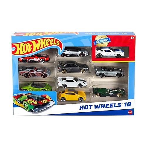  Hot Wheels Set of 10 Toy Cars & Trucks in 1:64 Scale, Race Cars, Semi, Rescue or Construction Trucks (Styles May Vary) (Amazon Exclusive)