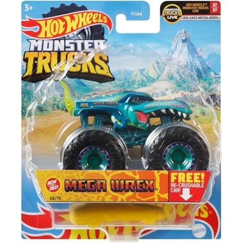  Hot Wheels Monster Trucks, 1 Toy Truck in 1:64 Scale & 1 Crushable Car (Styles May Vary)