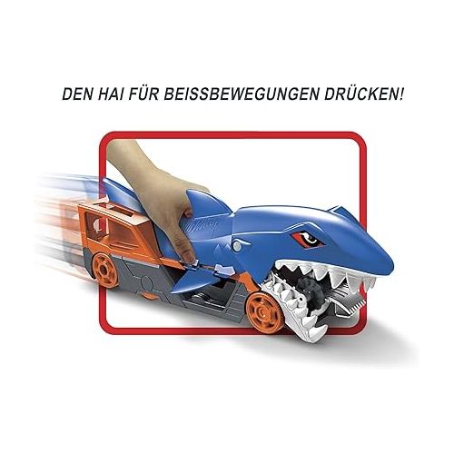  Hot Wheels Toy Car Shark Chomp Transporter & 1:64 Scale Car, Connects to Track & Stores 5 Scale Vehicles
