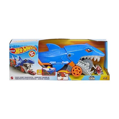  Hot Wheels Toy Car Shark Chomp Transporter & 1:64 Scale Car, Connects to Track & Stores 5 Scale Vehicles