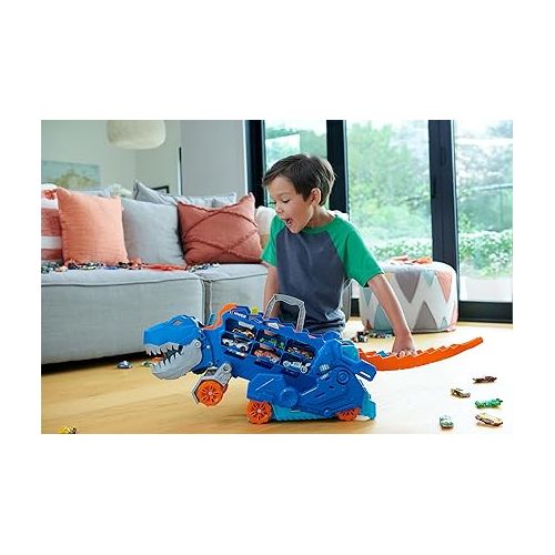  Hot Wheels City Toy Car Track Set, Ultimate T-Rex Transporter, Dinosaur Hauler for 20+ Vehicles, Semi Transforms into Dino with Lights & Sounds