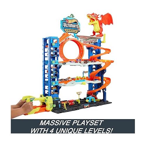  Hot Wheels City Toy Car Track Set Ultimate Garage with 2 Die-Cast Toy Cars & Car-Eating Dragon, Stores 50+ Vehicles, 4 Levels