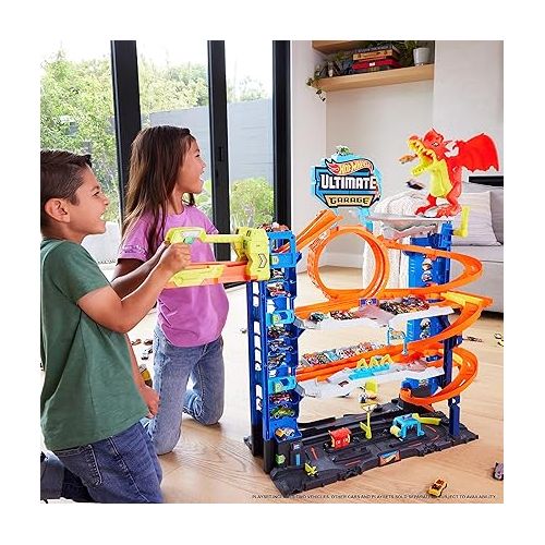  Hot Wheels City Toy Car Track Set Ultimate Garage with 2 Die-Cast Toy Cars & Car-Eating Dragon, Stores 50+ Vehicles, 4 Levels