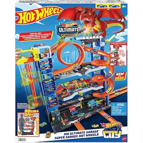  Hot Wheels City Toy Car Track Set Ultimate Garage with 2 Die-Cast Toy Cars & Car-Eating Dragon, Stores 50+ Vehicles, 4 Levels