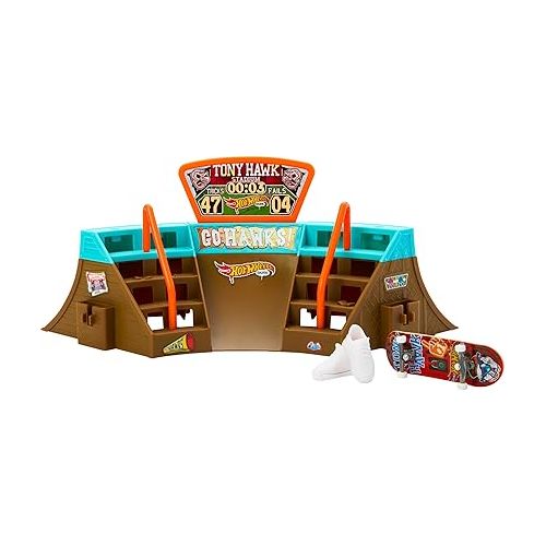  Hot Wheels Skate Stadium Playset Designed with Tony Hawk, 1 Exclusive Fingerboard & Pair of Skate Shoes, Plus Storage