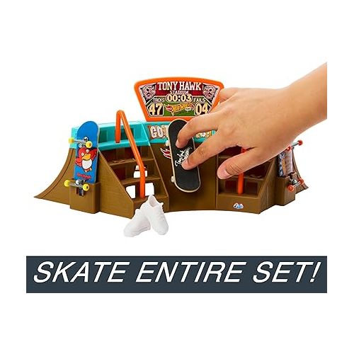  Hot Wheels Skate Stadium Playset Designed with Tony Hawk, 1 Exclusive Fingerboard & Pair of Skate Shoes, Plus Storage