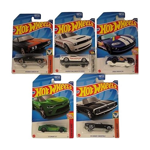  Hot Wheels 2022 Muscle Cars Set of 5 Diecast Vehicles from L2593 Release with Chargers, Camaros, Viper and More