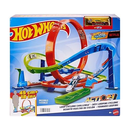  Hot Wheels Toy Car Track Set, Action Loop Cyclone Challenge Track Set, 2 Ways to Play & Easy Storage, with 1:64 Scale Toy Car