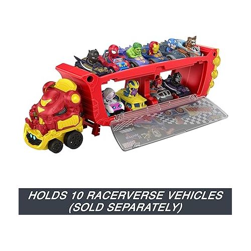  Hot Wheels RacerVerse Marvel Hulkbuster Hauler, Transport & Store Up to 10 Toy Vehicles, Detachable Cab with Flip-Up Helmet & Non-Removable Figure