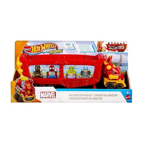  Hot Wheels RacerVerse Marvel Hulkbuster Hauler, Transport & Store Up to 10 Toy Vehicles, Detachable Cab with Flip-Up Helmet & Non-Removable Figure