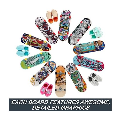  Hot Wheels Skate Fingerboards 10-Pack, Set of 10 Finger Skateboards with 5 Pairs of Removable Skate Shoes with Hot Wheels-Themed Graphics