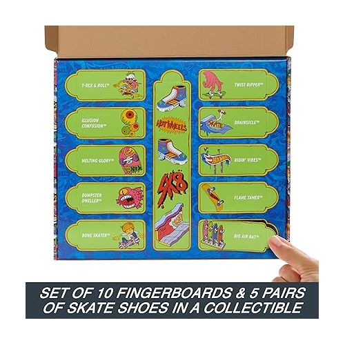  Hot Wheels Skate Fingerboards 10-Pack, Set of 10 Finger Skateboards with 5 Pairs of Removable Skate Shoes with Hot Wheels-Themed Graphics