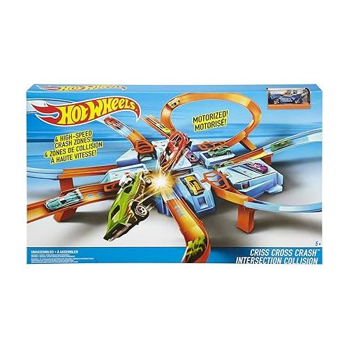  Hot Wheels Toy Car Track Set, Criss Cross Crash with 1:64 Scale Vehicle, Powered by a Motorized Booster (Amazon Exclusive)