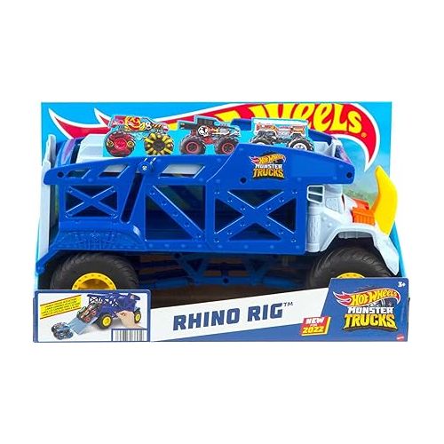  Hot Wheels Monster Trucks Monster Mover Rhino, Toy Car & Truck Hauler, Stores 12 1:64 Scale Monster Trucks or 32 Hot Wheels Vehicles