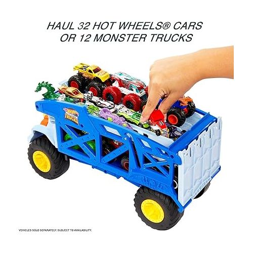  Hot Wheels Monster Trucks Monster Mover Rhino, Toy Car & Truck Hauler, Stores 12 1:64 Scale Monster Trucks or 32 Hot Wheels Vehicles