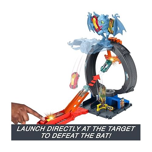  Hot Wheels City Toy Car Track Set, Bat Loop Attack with Adjustable Loop & Launcher, 1:64 Scale Toy Vehicle, Connects to Other Sets