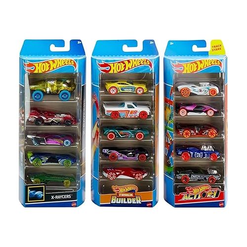  Hot Wheels Toy Cars & Trucks, Track Bundle Set of 15, 3 Different Track-Themed Packs of 5 1:64 Scale Vehicles for Collectors & Kids