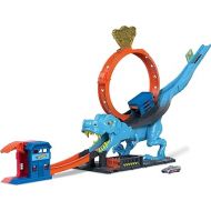 Hot Wheels City Toy Car Track Set, T-Rex Chomp Down with 1:64 Scale Vehicle, Knock Out The Giant Dinosaur with Stunts, Connects to Other Sets